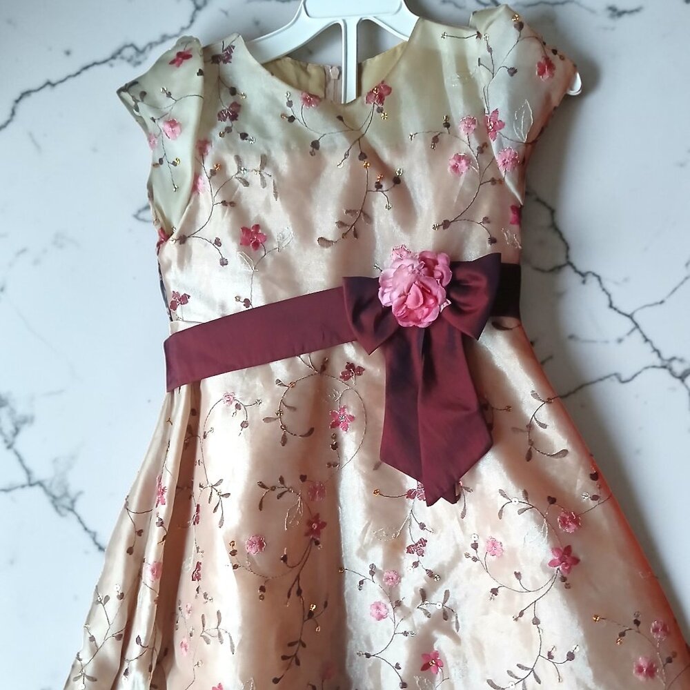 Bonnie Jean Girls Sz 6 Champagne Pink Floral Embroidered Party Dress Satin Sash